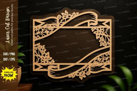 Elegant Floral Ribbon Frame Laser Cut SVG Design