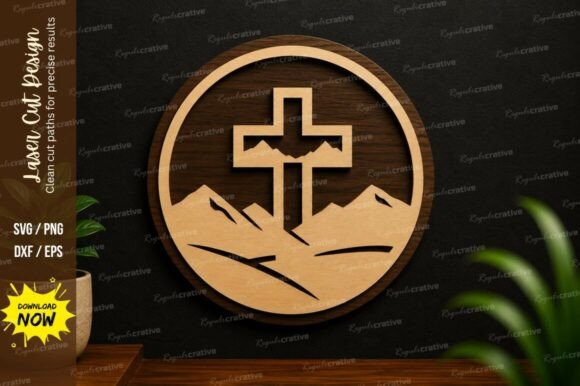 Mountain Cross Scene Laser Cut SVG: Precision Design Files